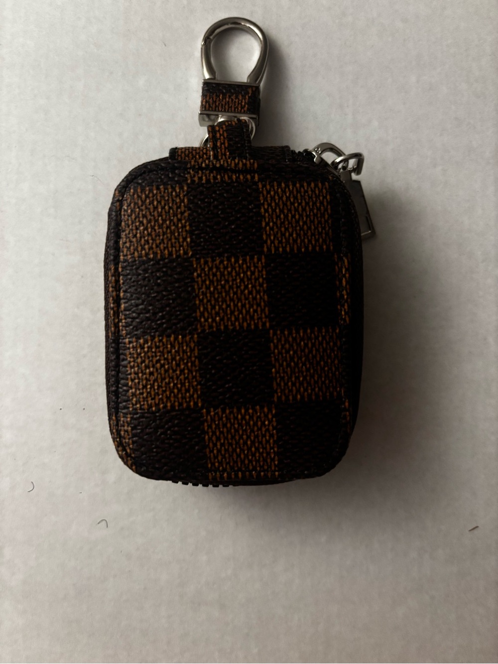 Checkered Brown Key Pouch with Metal Clip